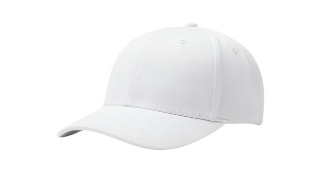 A pristine white baseball cap, a classic headwear item, presented against a stark black background. It appears perfectly clean