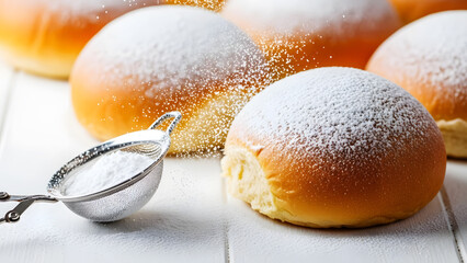Sweet buns dusted with powdered sugar from a sieve, close-up bread pastry