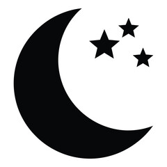 A simple black silhouette of a crescent moon and three stars