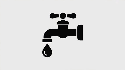 A minimalist black and white icon design of a water faucet with a single drop of water.
