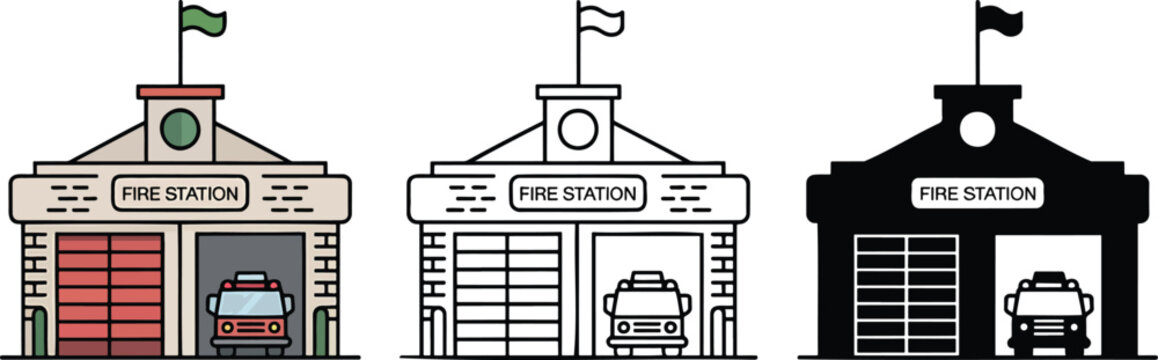 Fire station silhouette & Outline and illustration set isolated on transparent background