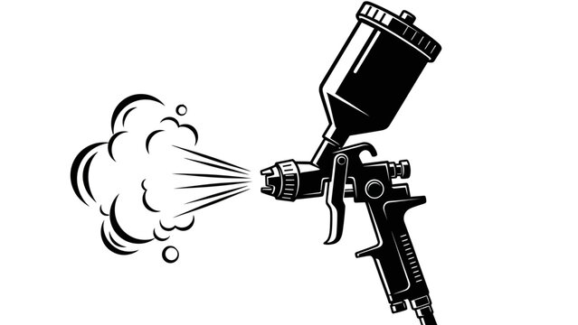 Industrial paint spray gun emitting a cloud of paint, airbrush tool, isolated white background