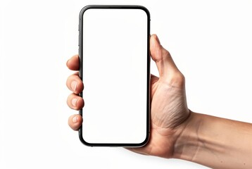 Mobile smartphone in hand technology screen business communication of touch blank phone digital smart device app Isolated finger holding clipping stud living keyboard display cyberspace attire modern