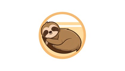 Cute Sleeping Sloth in a Wooden Circle Icon.