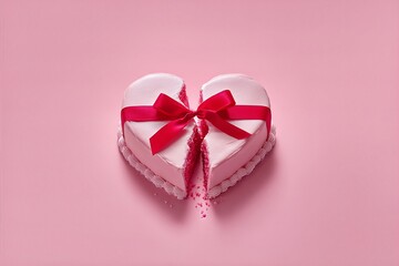 Delightful heart-shaped cake with pink frosting and red ribbon on soft pastel backdrop for Valentine's Day celebration
