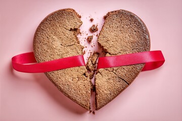 Charming heart-shaped cake with red ribbon broken in half on soft pink backdrop for Valentine's Day celebration