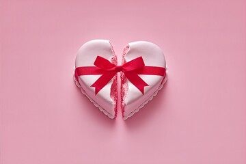 Heart-shaped cake with pink frosting and red ribbon on soft pastel background for Valentine's Day celebration