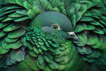 Fototapeta premium Close up portrait of a nicobar pigeon showcasing its vibrant iridescent green and grey feathers
