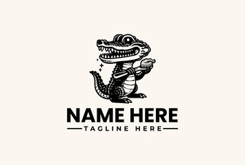 A black and white illustration of a crocodile mascot with a placeholder text for a name and tagline on a plain background, featuring a logo and vector design elements.