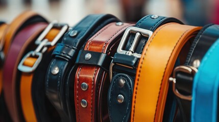 A collection of assorted leather belts with metal buckles displayed in a row