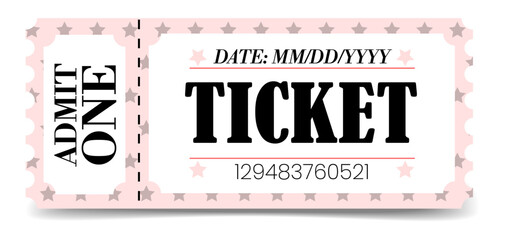 Pink vintage style cinema or event ticket pink and gray stars template with "Admit One" text, star patterns, and scalloped edges