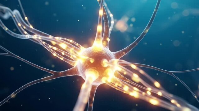 Detailed illustration of a neuron with glowing synapses, set against a dark blue backdrop.