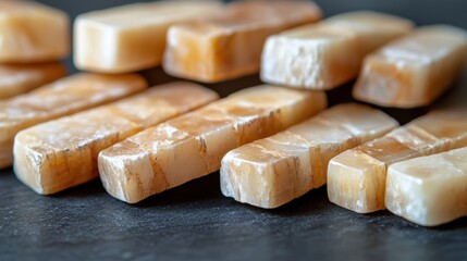 A collection of interlocking amber colored stone blocks with natural textures and subtle patterns