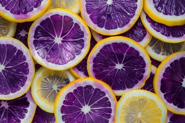 Colorful lemon slices creating a vibrant citrus background, showcasing a mix of yellow and purple hues