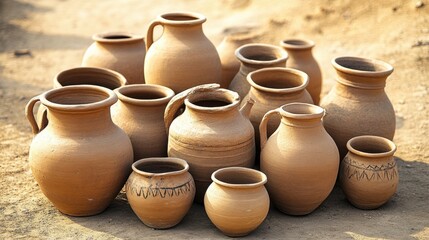A collection of natural clay amphorae and pottery vessels of varying sizes and textures arranged outdoors