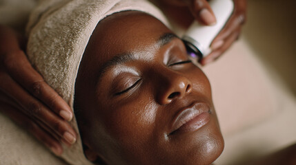 Black woman receiving facial laser treatment in a spa centre