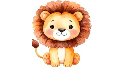 Cute cartoon lion cub sitting and smiling with a fluffy mane. © soraya