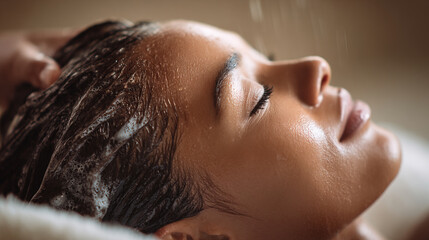Black woman enjoying relaxing hair washing at spa	