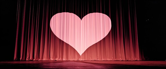 Romantic stage setting featuring large heart projection on elegant red curtains for Valentine's Day celebration