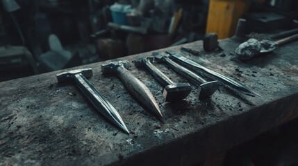 A collection of polished metal blacksmithing tools like chisels and hammers rests on a workbench in a dimly lit workshop