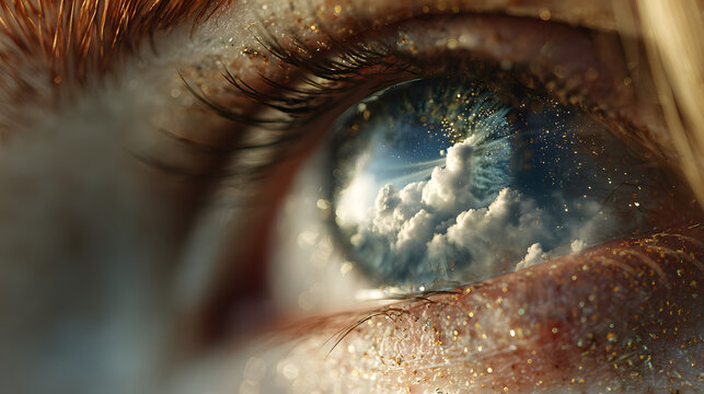 Human eye amidst sky and clouds, reflecting the healing of eye movement desensitization reprocessing therapy.