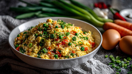 White bowl heaped with fried rice, including peas, eggs, and chopped vegetables, showcasing a colorful, fresh, and appetizing meal perfect for food visuals