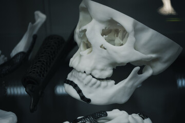 skull prototype with dark titanium implants and mesh reinforcements used in orthopedic and maxillofacial implant 