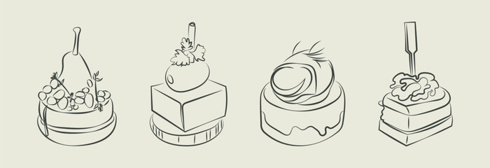 Finger food vector drawings. Food appetizer and snack sketch. Canapes. Suitable for banner, poster, label, menu, flyer. Food