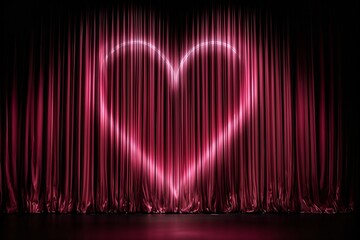 Romantic ambiance featuring glowing pink heart-shaped light against luxurious burgundy curtains