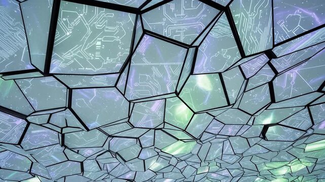 Abstract ceiling with geometric shapes and circuit board patterns for a technological design.