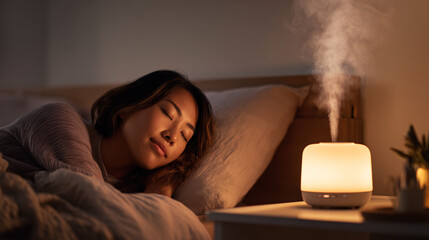Asian woman sleeping in a bedroom with humidifier diffusing mist