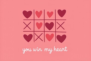 Playful design featuring tic-tac-toe game with hearts and text 'you win my heart' on soft pink background
