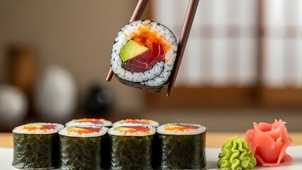 Chopsticks holding sushi roll with wasabi and ginger