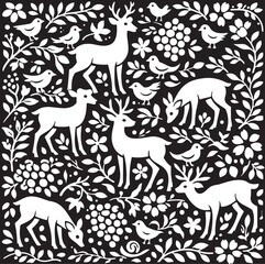 Fototapeta premium Seamless folk art woodland pattern with deer and birds Black and white forest animals floral vector background
