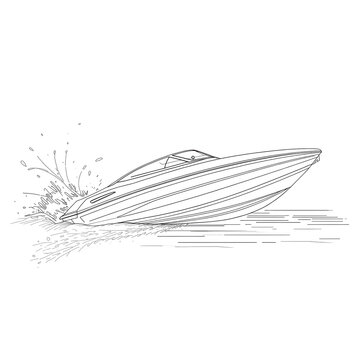 Speedboat line drawing, fast boat on water, splashing waves, vector illustration
