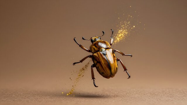 Col&eacute;opt&egrave;re Gnatocera d&eacute;taill&eacute; avec une carapace &agrave; motifs d'oeuil de tigre, suspendue sur un fond beige, mis en valeur par une dynamique dor&eacute;e de paillettes