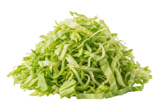 A perfectly piled mound of vibrant green, crisp, succulent shredded lettuce leaves, macro shot with soft studio light, isolated on a transparent background with copy space, concept of healthy eating