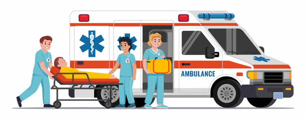 An ambulance team is seen working together to assist a patient in need, showcasing the teamwork and dedication of emergency medical professionals in critical situations. © Yuyin