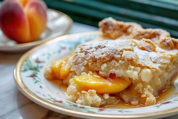 Close up of a slice of peach cobbler, revealing juicy peach slices beneath a golden, crumbly crust dusted with powdered sugar