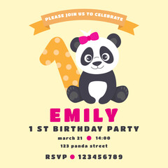 A cute panda invitation card template for a girl's first birthday. Vector illustration.