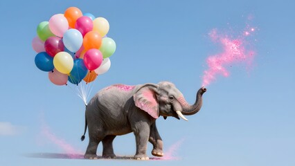 Festive gray elephant with a bouquet of multicolored balloons, spraying bright pink powder from its trunk into the blue sky.