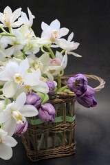 orchid flowers, cut flowers, cut white orchid branches, purple tulip, flower bouquet, lush cream orchids