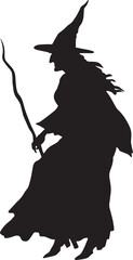Silhouette of a witch holding a staff isolated on a transparent background for Halloween decorations or designs