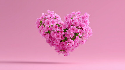 Obraz premium Delicate pink blossoms arranged heart on pastel background, romantic spring floral composition symbolizing love and tenderness, perfect for valentines day greeting cards and wedding 