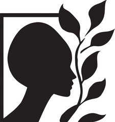 Silhouette of a womans head with a leafy branch symbolizing nature and tranquility