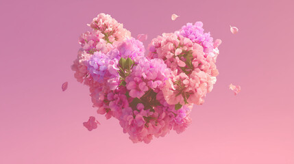 Fototapeta premium Delicate pink blossoms arranged heart on pastel background, romantic spring floral composition symbolizing love and tenderness, perfect for valentines day greeting cards and wedding 