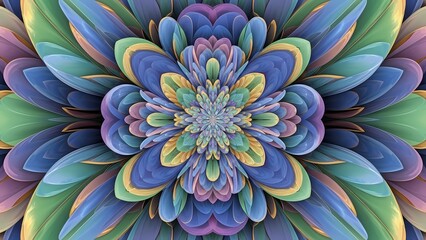 Obraz premium Symmetrical abstract floral mandala with layered petals in blue green and pastel tones
