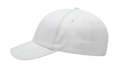 A pristine white baseball cap, viewed in profile. The cap has a curved brim and a six-panel construction, isolated against a transparent background