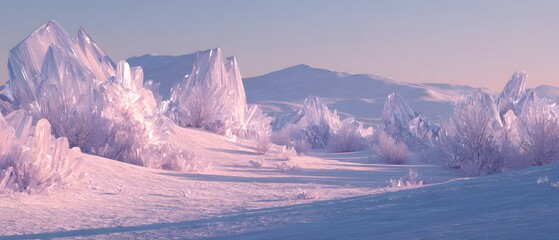 Ethereal Crystal Landscape, Glowing Quartz Pillars Rising from Frozen Ground