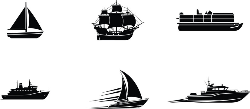 black silhouettes of various boats and ships on white background